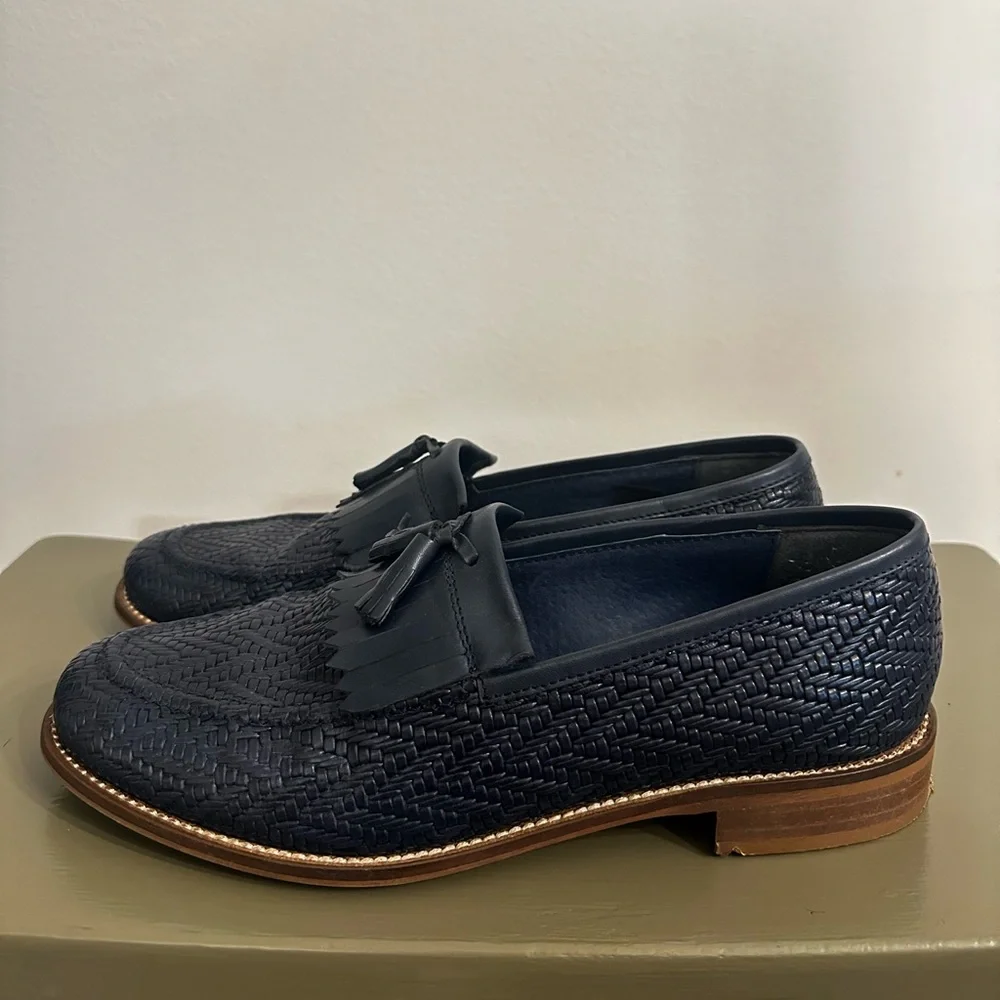 Annabella Navy Blue Woven Leather Kiltie Tassel Loafers Size 39/8-8.5 - Picture 4 of 9